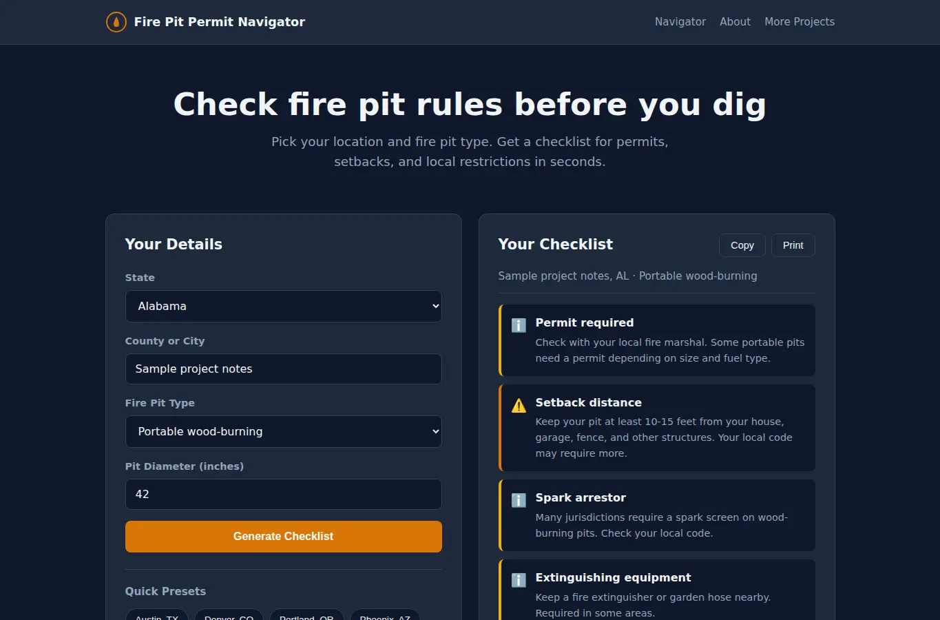 Screenshot of Backyard Fire Pit Permit Navigator interface showing the project page in use